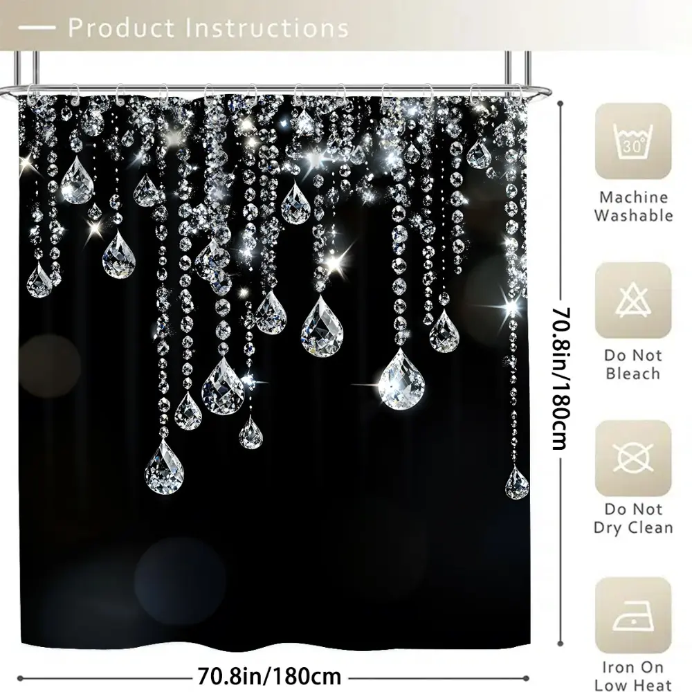 1PC/4PCS 2D Flat Printing Silver White Crystal Water Drop Aesthetic shower curtain, Decorative shower curtain, home bathroom decor, shower curtain set with 12 hooks, non-slip bathroom rug, U-shaped toilet seat cover