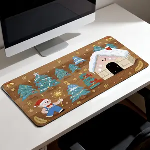 Premium Christmas Elf With Snow House And Decorated Trees Illustration High Quality Mouse Pad Modern Office Gaming Comfort Experience Non Slip Durable For Daily Work And Play  40*80 Size.