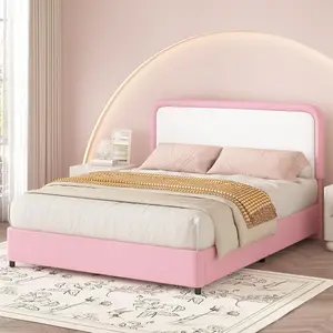 HOMBCK Upholstered Platform Bed Frame, No mattress, with Curved Headboard, Classic Color-Block Design,  No Box Spring Required, Easy Assembly