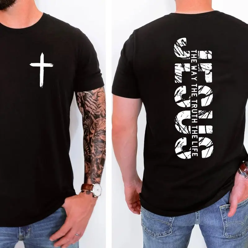 Jesus The Way The Truth The Life Christian T-Shirt Faith Cross Tee Religious Bible Verse Shirt for Men Inspirational Gift 100% Cotton Classic Fit