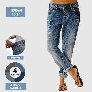 Flamingals Wash Button Fly Stitch Detail Low Rise Straight Leg Jeans Casual Comfort Fit Denim