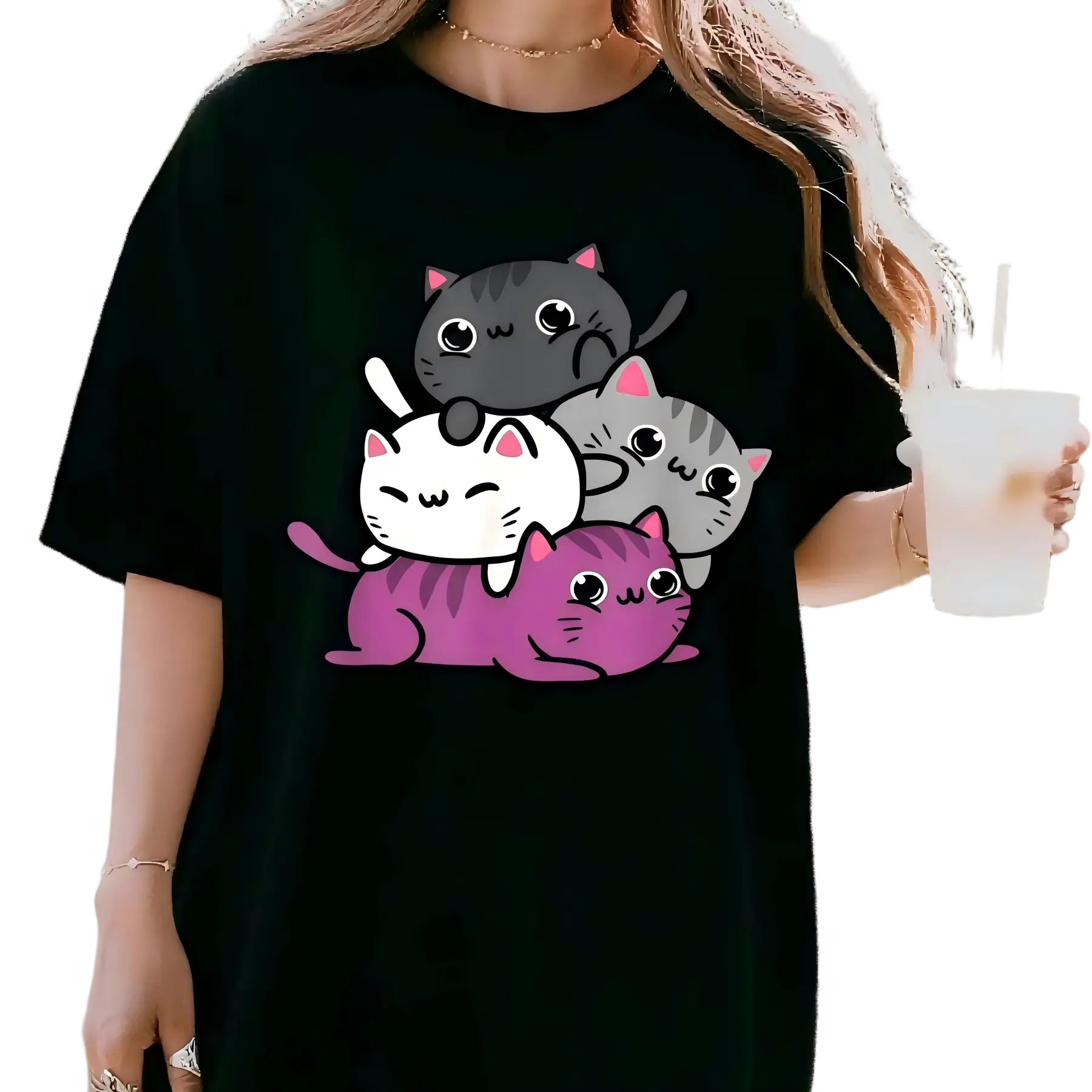 Men's Classic Short-Sleeve Round Neck T-Shirt - Kawaii Asexual Pride Cat Artistic Print, Skin-Friendly Soft Fabric, Regular Fit/Length, Casual Black 2XL, for Pet Lovers, S-5XL, All Seasons, Menswear