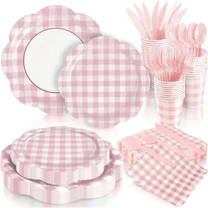 168Pcs Pink Gingham Plates and Napkins Party Supplies, Scalloped Checkered Disposable Paper Plates Set with Napkins Cups Plastic Cutlery for Birthday Wedding Baby Shower Spring Party Supplies