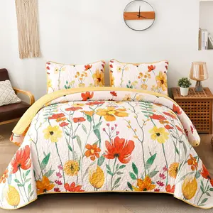 Quilt Set  Size, Yellow Floral Reversible Bedspread Soft Microfiber Lightweight  Size Quilt Bedding Sets Reversible Coverlet for All Season(, 96"x90")