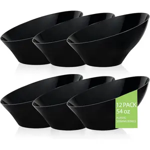 12pcs Black 54oz Disposable Serving Bowls for Chips Snacks & Salad Angled Design Durable Plastic Party Bowls for Gatherings & Daily Use