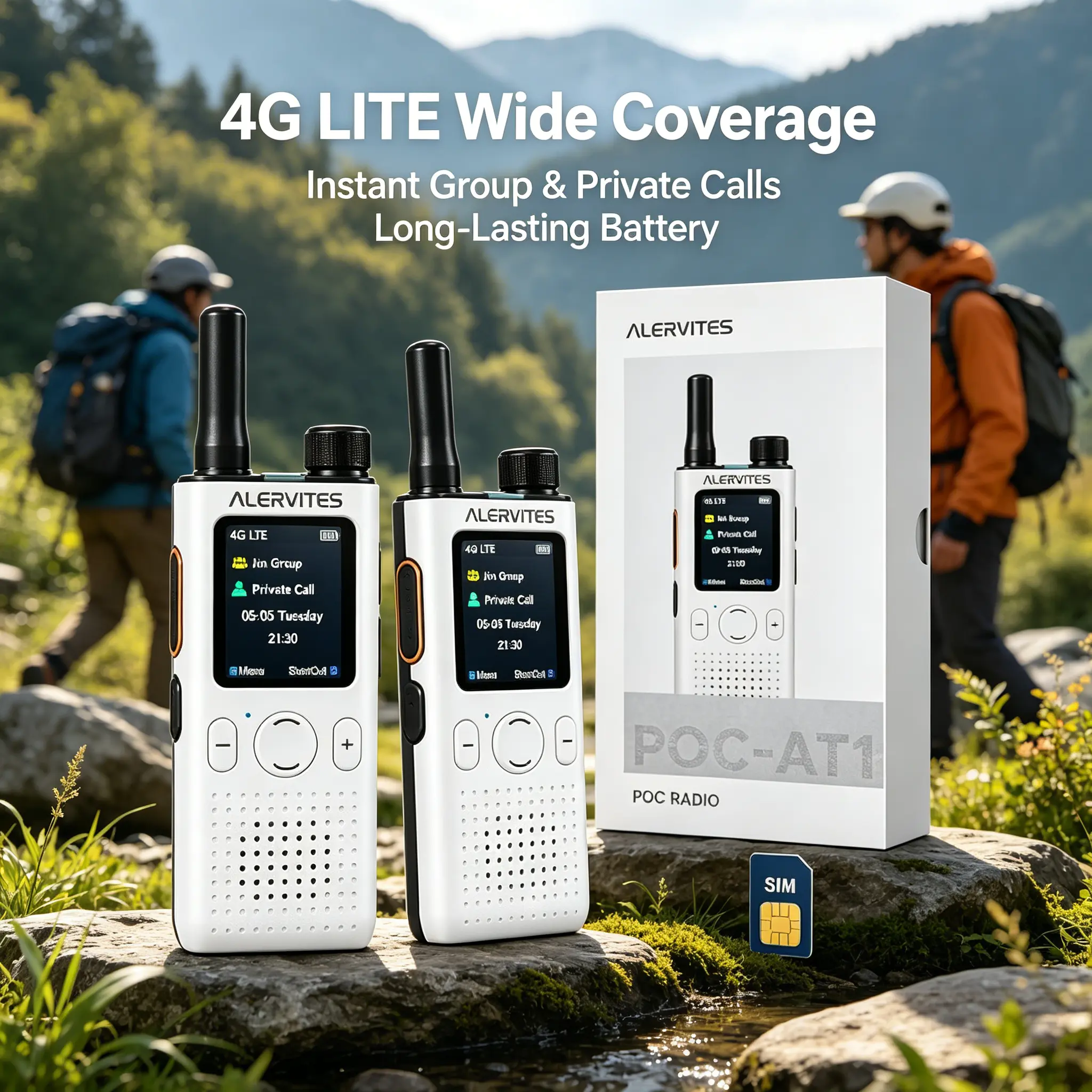 Nationwide Portable LTE PoC Walkie Talkies (PoC-AT1, White, 2 Pack) - Slim Body, 120g, Battery, Alervites, LTE Supported, Cellular 2-Way Audio Device, App Management, 3-Year SIM Plan, Private & Group Calls, USB-C Charging, US Local Stock, Daily Carry Desi