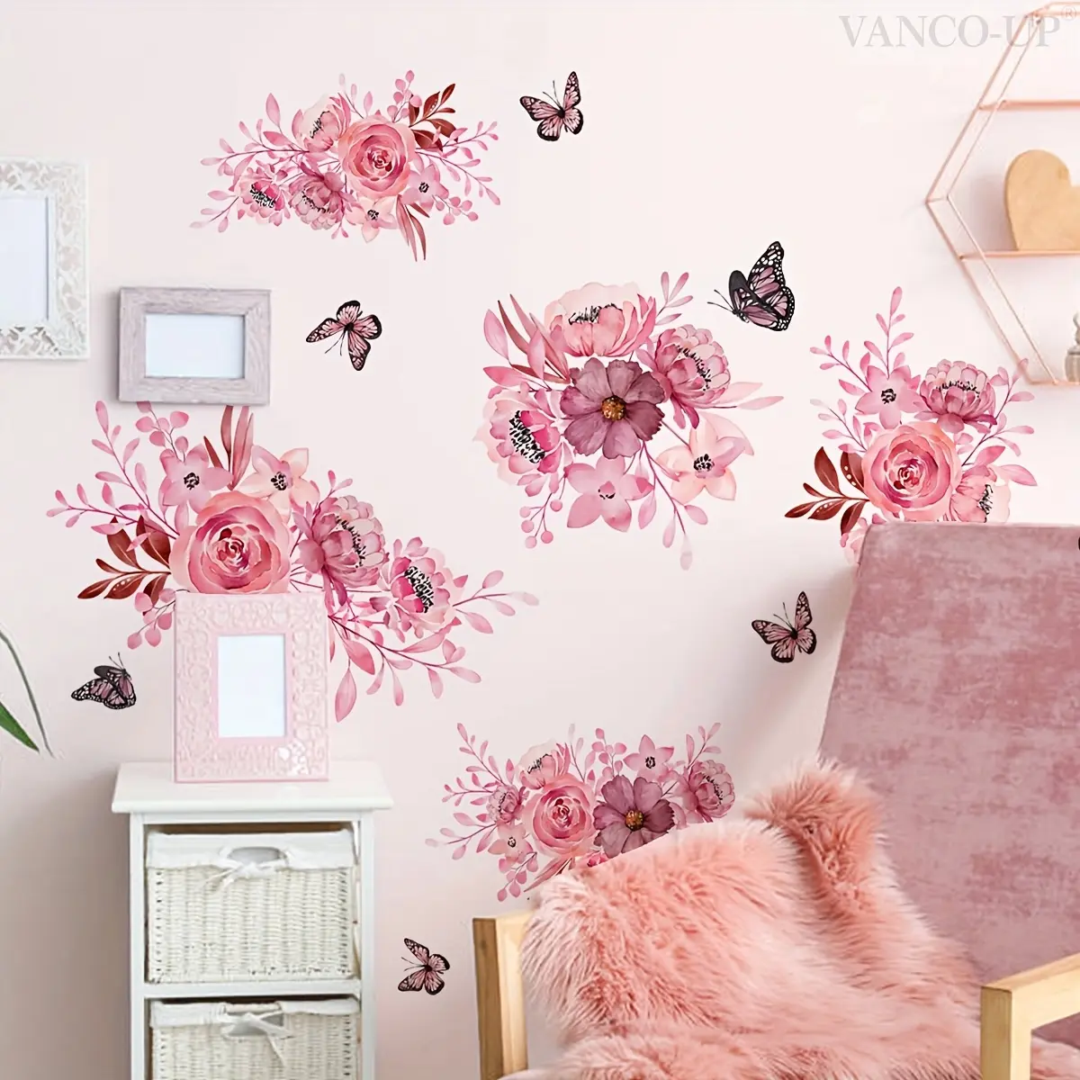 3pcs (20*30cm) hand-painted pink floral and butterfly spring and summer wall stickers, Decorative stickers, home decor wall stickers, Wall Art Stickers (M15031-YC)