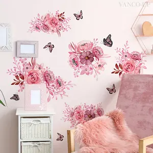 A set of three (20*30cm*3pcs) hand-painted pink floral and butterfly spring and summer aesthetic wall stickers, bathtub stickers, living room and bedroom decoration background beautification wall stickers, Wall Art Stickers (M15031-YC)
