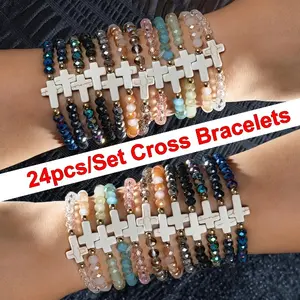 24pcs Set Of Unique, Exaggerated Vacation Style Turquoise Resin Cross Bracelet Multi-Pack Elastic Line Bracelet Set Suitable for Daily Vacation Wear And Gifting, Best for Christmas