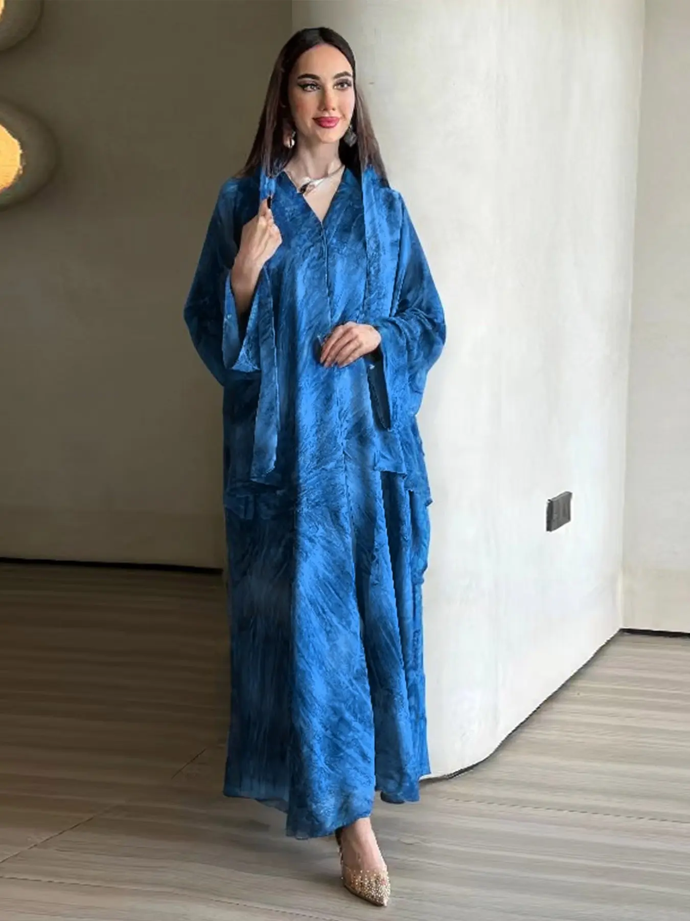 New Muslim Women's Lightweight Tie-Dye Texture Print Long Abaya, Chiffon Flowy Loose Fit Islamic Dress, Modest Muslim Outfits, Headscarf Set, Daily Wear