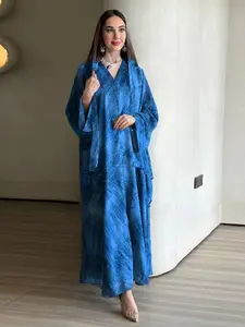 New Muslim Women's Lightweight Tie-Dye Texture Print Long Abaya, Chiffon Flowy Loose Fit Islamic Dress, Headscarf Set, Daily Wear