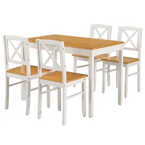 5-Piece Rubberwood Dining Table Set with 4 Chairs, Modern Country Style Space-Saving Table & 4 Chairs for Small Spaces, Apartment, Kitchen, Cafe, Easy-Clean Solid Wood Kitchen Table,  Natural White | Grey & Dark Brown