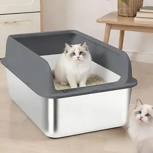 Stainless Steel Cat Litter Box, Odor Proof &Scratch Proof Metal Cat Litter Box, High-Sided Metal Litter Tray, Anti-Stick Base, Leak-Proof, Scratch-Resistant, Easy to Clean, Indoor Cat Toilet for Large/Medium/Small Cats