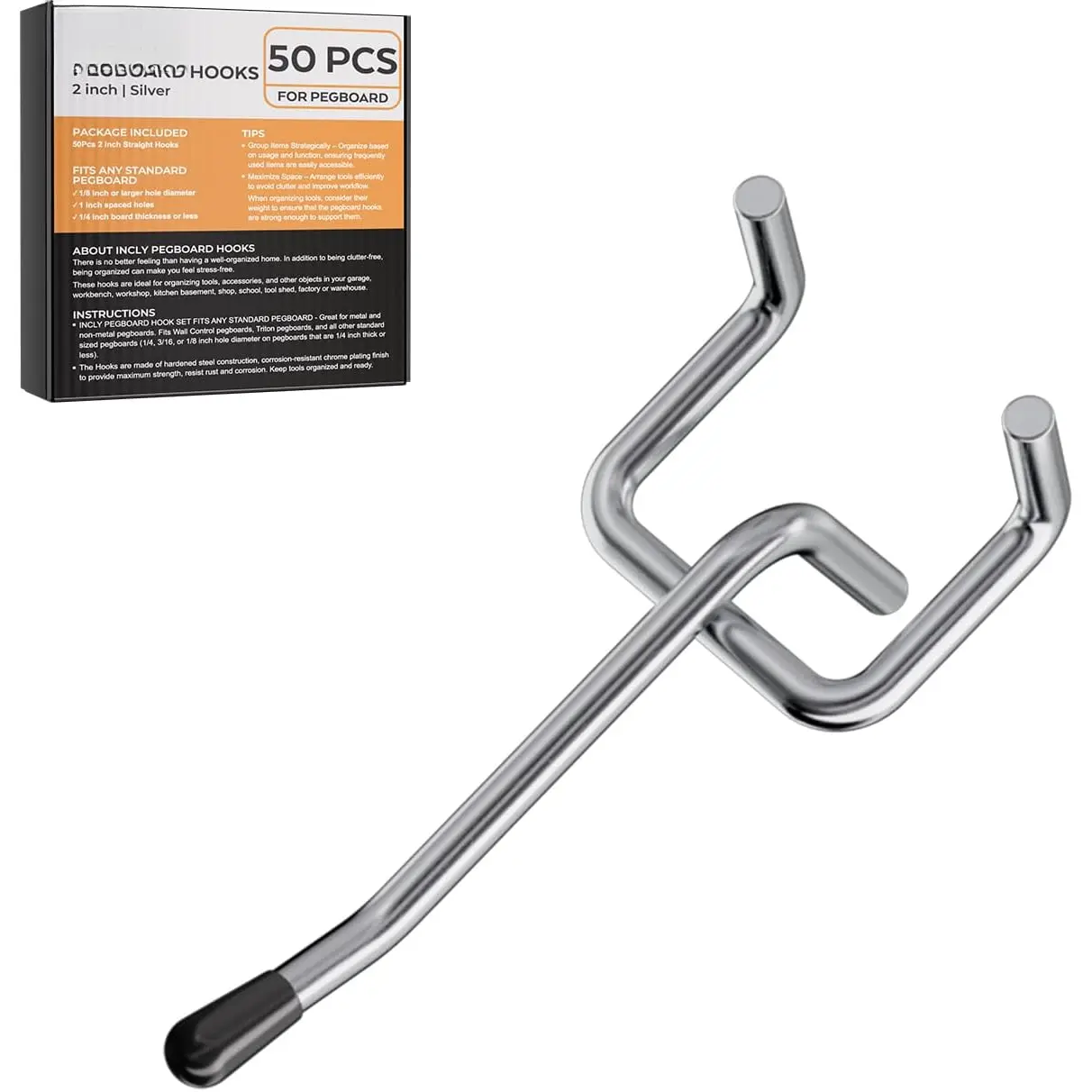 50-Pack Heavy Duty Metal Pegboard Hooks, 2-Inch Peg Board Tool Hangers for 1/8"-1/4" Pegboards, Tool Organizer Accessories for Warehouse, Workbench, Sewing Room
