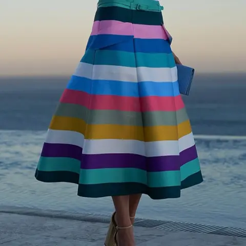 Women's A-Line Loose Fit Striped Zipper Midi Skirt with Waistband, Belt, Casual Fitted Chic Elegant Design, Perfect for Daily Wear, Womenswear, Casual Fashion Skirt, A Line Skirts