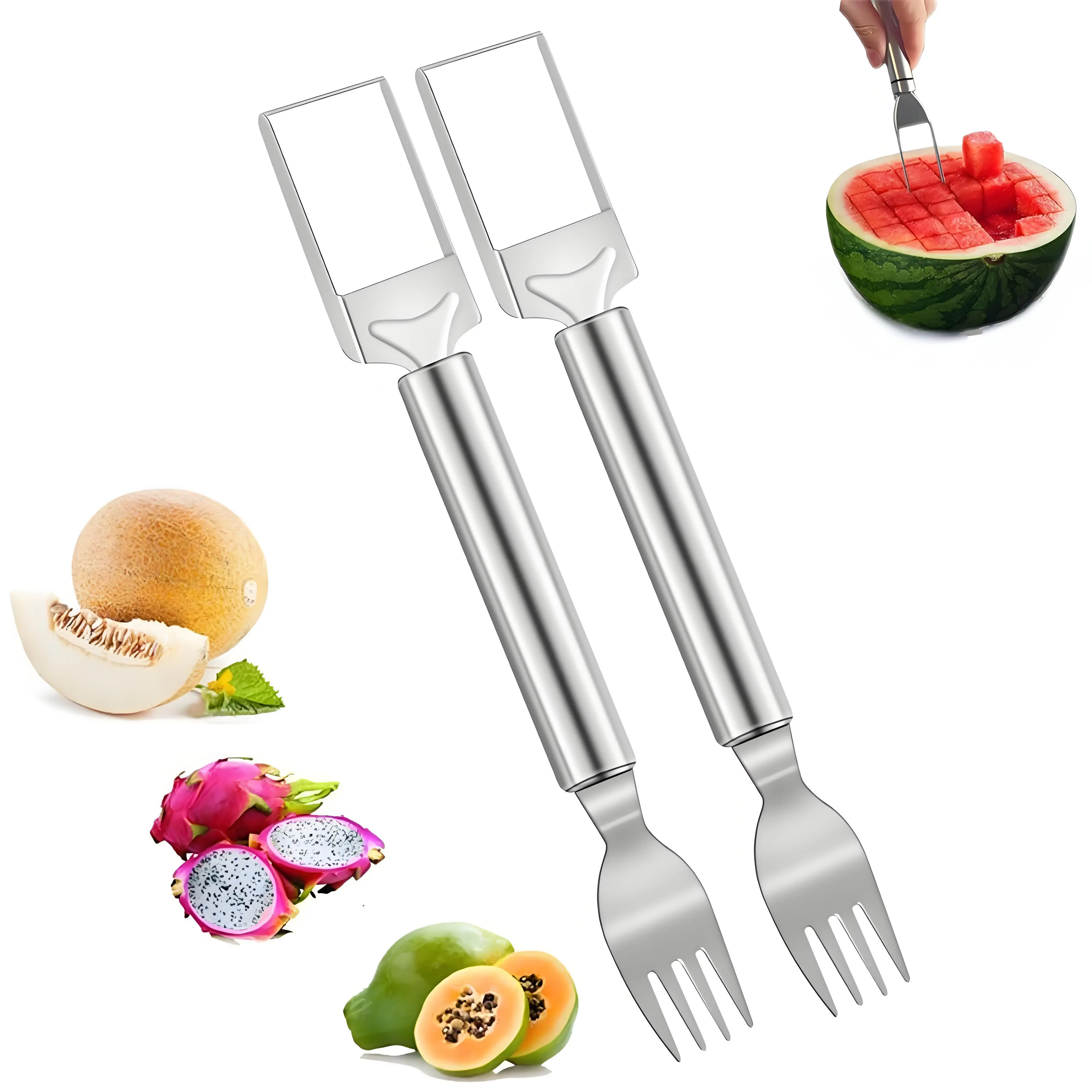 Stainless Steel 2-in-1 Watermelon Slicer-Fork, Rustproof Durable Kitchen Utensil with Square Blades, Rounded Edges, Ideal for Family Picnics (Watermelon Splitter Fruit Peelers & Slicers)