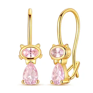 MULA 925 Silver-plated Gold Plated Pink Cat Earrings with Sparkling Zirconia - Cute Kitten Hook Jewelry, Birthday, Anniversary, Valentine's Day and Christmas Gift for Women, Teens, Cat Lovers