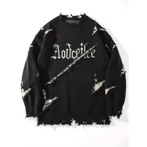 Men's Adeptive OBM Fashion Streetwear Sweater - Trendy Loose-Fit Gray Knit with Embroidered Letters, Scratches & Ripped Details, Long Sleeve, Round Neck for Fall/Winter, Casual Streetwear|Tiedye Effect|Long Sleeve Sweater, Plus Size Sweaters