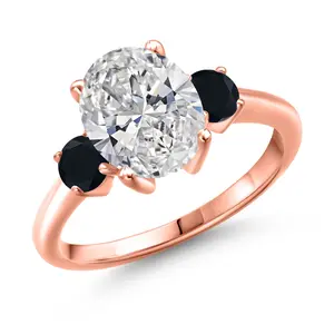 Gem Stone King 2.44 cttw IGI Certified Lab Grown Diamond and Black Onyx 3-Stone Engagement Ring For Women | 18K Rose Gold Plated Silver | Center 2.00 Ct Diamond | D-E Color | VS1-VS2 Clarity
