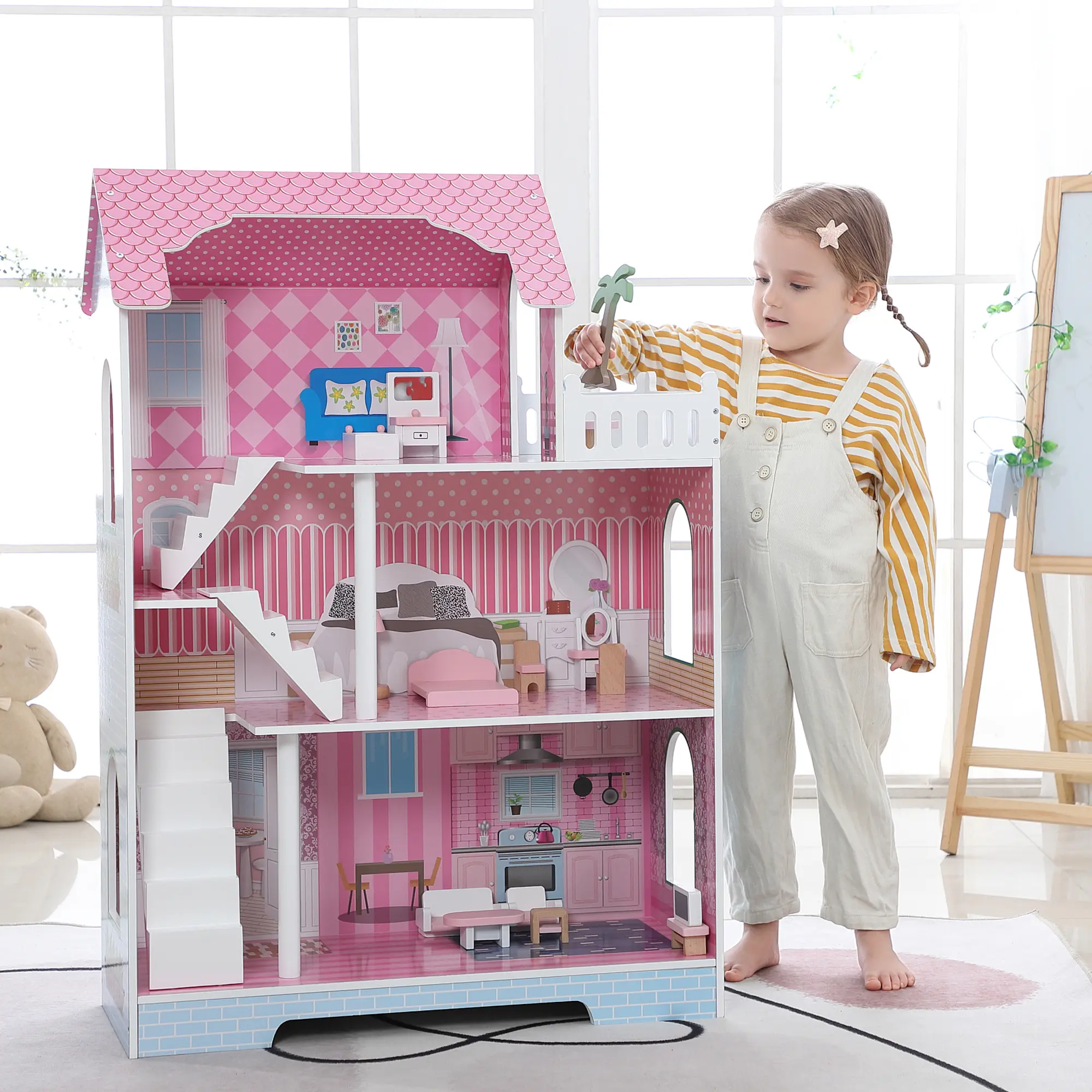 DOMISO Wooden Doll House Playset with Accessories for Kids, 3 Story Toddler Dollhouse, Pretend Play Toys Gift for Kids