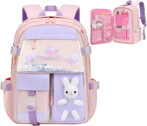 Kids bag, Cute cartoon rabbit glitter design large capacity lightweight school bag, multiple pockets breathable mesh reflective strips to prevent fading