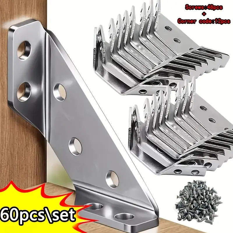 70-piece set, angle brackets, 10 90-degree right-angle brackets, Self drilling screws, Heavy Duty Fastening, triangular metal furniture angle connectors - suitable for heavy-duty metal angle brackets for wooden frames