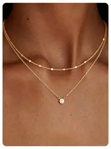 1pc 2-Piece Layered Satellite & Solitaire CZ Sequin Necklace Set, Pure Copper 14K Gold or Silver Plated Fashion Jewelry Necklaces, No Fade Tarnish-Resistant Stackable Accessory for Women, Daily Casual Party Birthday Gift, Viral Aesthetic Trendy Jewelry