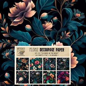 24 Sheets 6"x6" Decoupage Paper Pack Flowers in The Night Vintage Styled Pattern Paper for Decoupage Craft and Scrapbooking