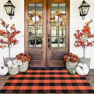 Orange and Black Plaid Handwoven Washable Mat - Fall Outdoor Door Mat for Layered Use, Perfect for Porch & Entryway, Halloween Thanksgiving Decoration