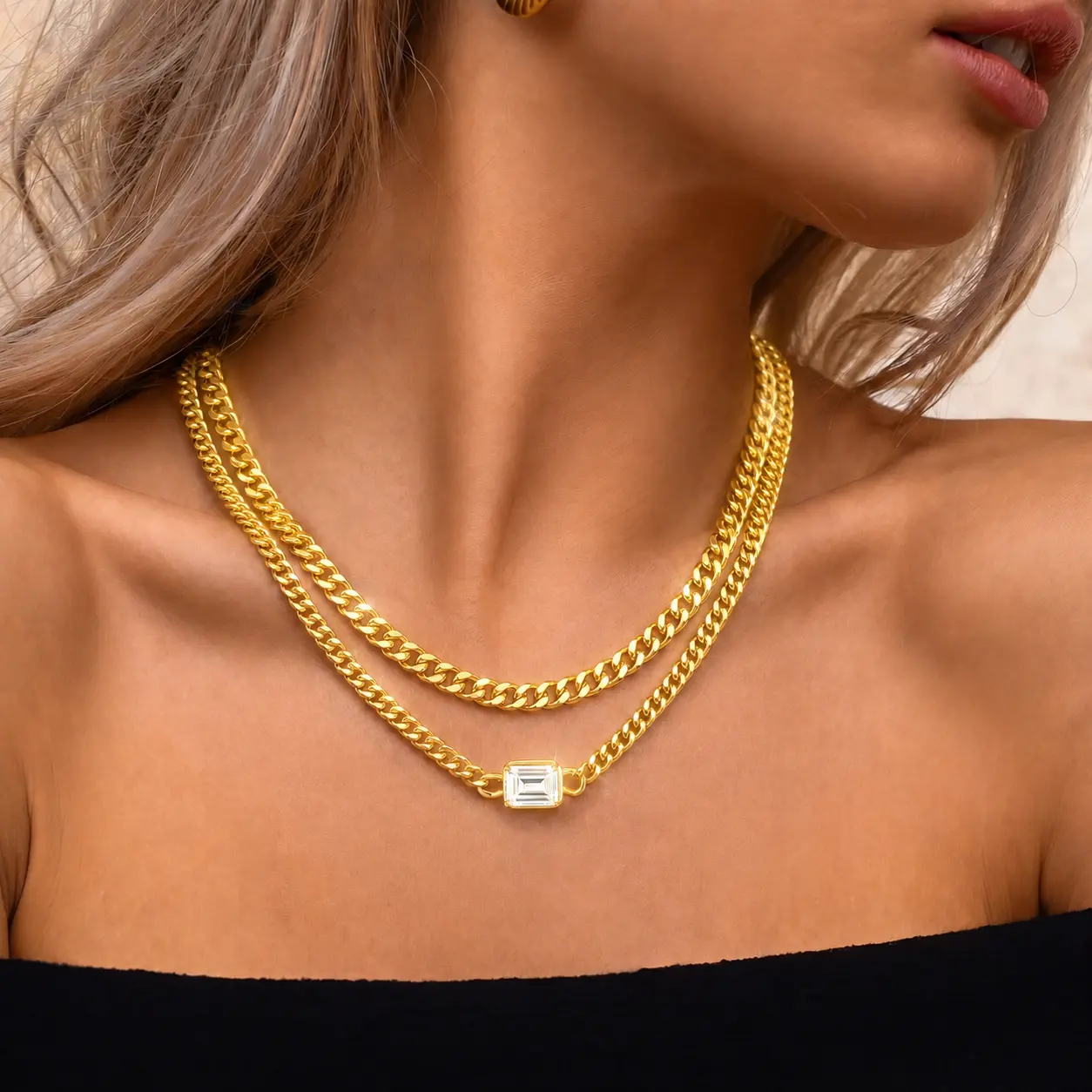 FREEKISS Gold Cuban Necklace Single Wire Cut Cubic Zirconia Pendant Necklace, Double Layer Necklace, Women's Fashion Necklace, Cuban Necklace, Square Zircon Necklace, Everyday Casual Match Suitable for Various Occasions backtoschool