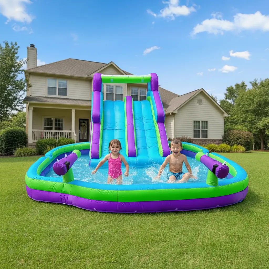 Purple Green Kids Inflatable Double Water Slide With Climbing Wall Large Splash Pool Backyard Water Park Summer Water Play Fun Swimming Pool