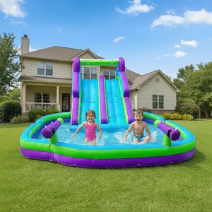 Purple Green Kids Inflatable Double Water Slide With Climbing Wall Large Splash Pool Backyard Water Park Summer Water Play Fun Swimming Pool summervibes