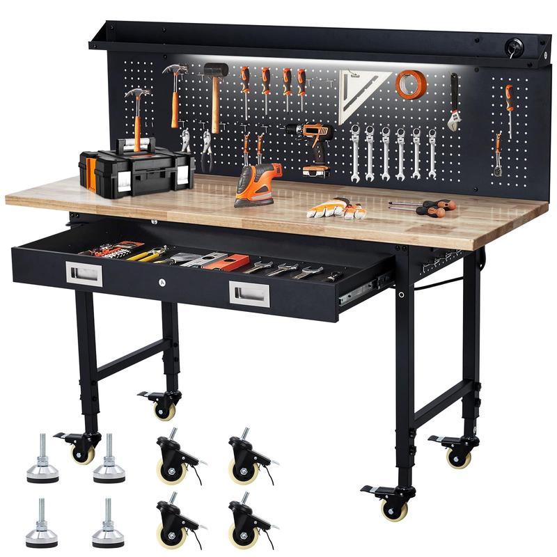 Gaomon Heavy-Duty Adjustable Height Mobile Workbench - 60in Rubberwood Top, Full-Width Drawer, Pegboard Accessories, Power Strip Outlet (2 USB Ports, 4 AC Outlets, 9.8-ft Cord), Carbon Steel Frame, 2000 lbs Capacity, Locking Casters for Garage