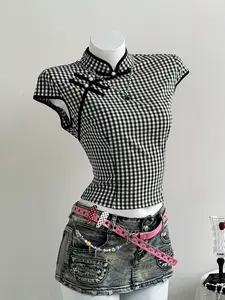 Elegant Chinese Style Women's Summer Plaid Button Back Zipper Waist Short Sleeve Shirt Womenswear, Fashionable and Stylish Design, Perfect for Daily Wear Clothes