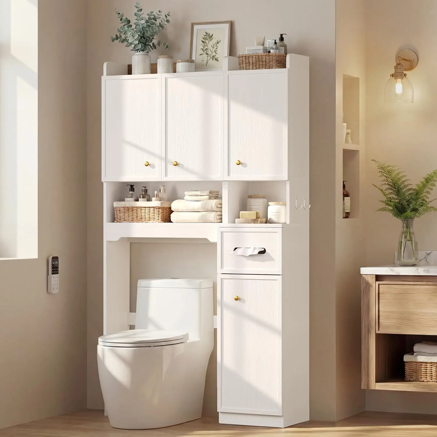 [TiktokShopStockUp] Sikaic Over The Toilet Storage Cabinet with 7 Tiers, 2-in-1 Bathroom Organizer with Doors, Adjustable Shelves & Toilet Paper Holder, Tall Narrow Cabinet for Small Spaces, Laundry Room & Bathroom Storage, White Christmas Gifts