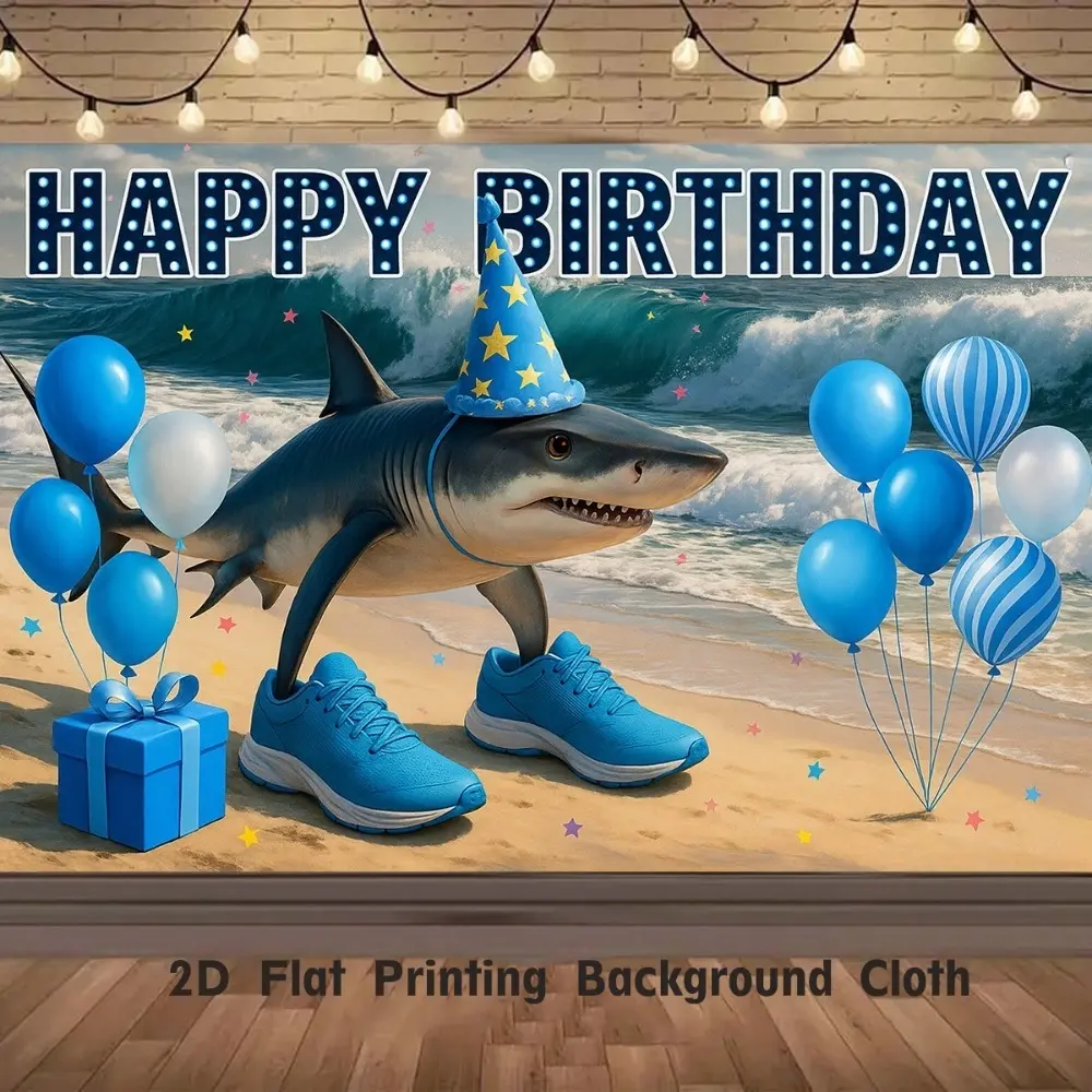 2D flat banner 1PcsFunny Shark Birthday Backdrop Tralalero Tralala Banner Happy Birthday Photo Background for Durable Polyester Backdrop for Live/Video/Photography Balloons Wall Decor for living rooms, bedrooms, offices Party Decoration Banner Photo Booth