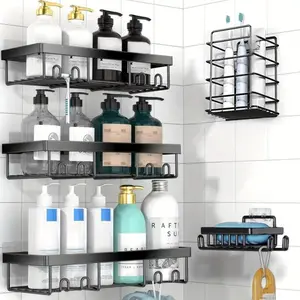 Shower Caddy, 5-Piece Set Black Bathroom Accessories,No Drill Wall Organizer,  Bathroom Shower Organizers With Removable Hooks,  Rust Proof Shower Shelves For Inside Shower, Free Wall Mount Shower Organizer Metal Installation Showerhead Holder