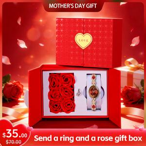 【Mother’s Day Gift】Veadons women’s jewelry bracelet watch that works as both a watch and a bracelet. Water-resistant and adjustable. Includes a ring, earrings, necklace, and rose-themed gift box—perfect for Valentine’s Day.