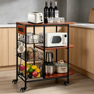 giteo bedding Rolling Kitchen Cart with Power Outlet| Bakers Rack with 3 Pull-Out Baskets, Coffee Bar & Microwave Stand, Mobile Storage Shelf for Fruits, Veggies & Snacks