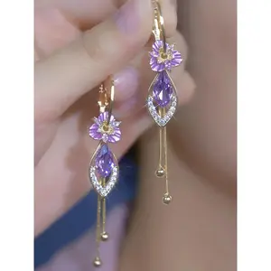 Purple Zircon Flower Tassel Earrings for Women, Elegant Luxury Dangle Jewelry - Unique Trendy Design DZEH4353
