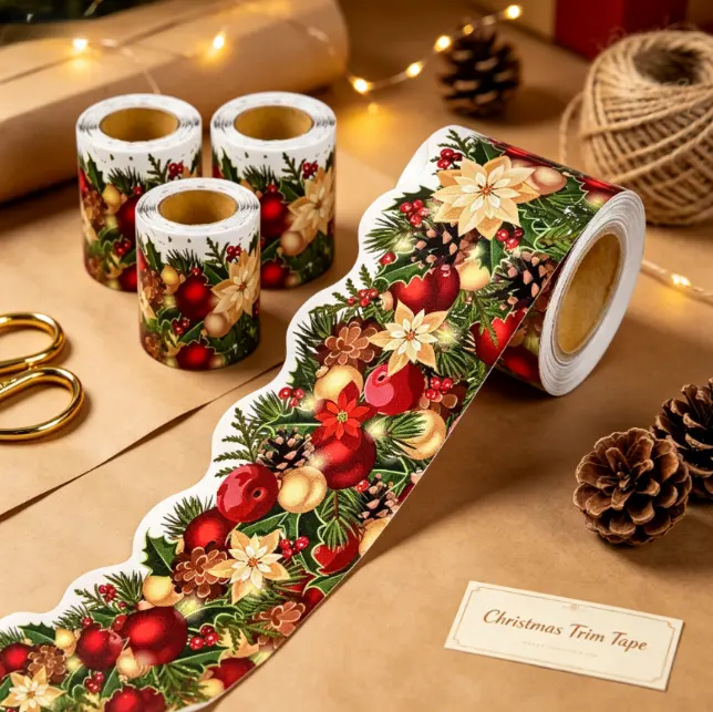 Self-Adhesive Roll-Shaped Christmas Border Tape Stickers - Ornament, Festive Theme Holiday Crafts Supplies for DIY Scrapbooking, Stamping & Handmade Project Decoration