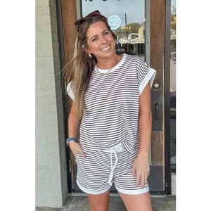 Zenana-Tiny Striped Contrast Trim Top and Shorts Set