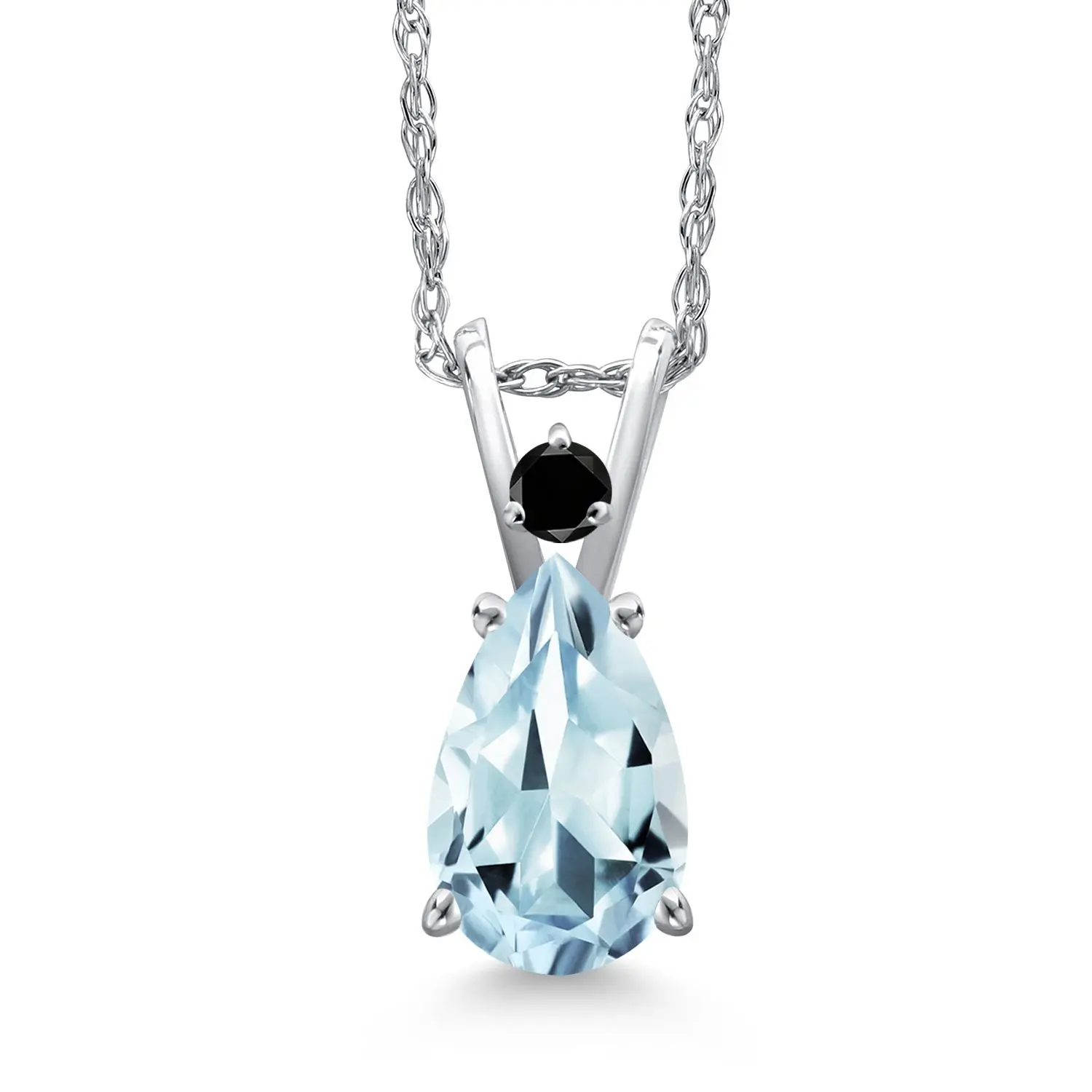 14K White Gold Sky Blue Aquamarine and Black Diamond Pendant Necklace for Women | 1.18 Cttw | Gemstone March Birthstone | Pear Shape 9X6MM | With 18 Inch Chain