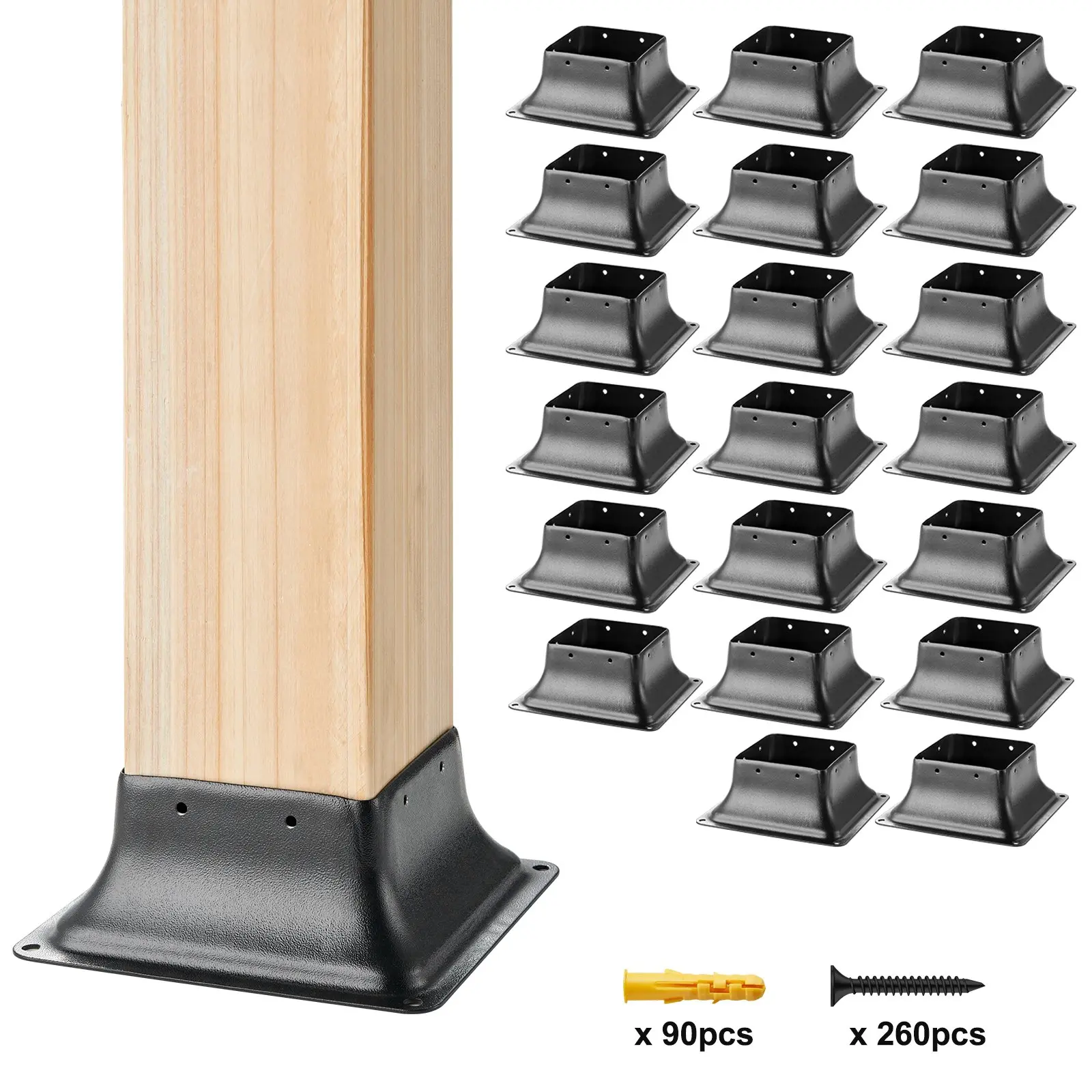 【Summerfinds】VEVOR 20-Piece Carbon Steel Post Bases for 4''x4'' Standard Column, Heavy-Duty Powder-Coated 3.6''x3.6'' Rustproof Brackets, 6x6x2.4 in Concrete-Wood Anchors w/Accessories, Black M5-35 Self-Tapping Screws, 18.1 lbs Deck Porch Railings Support