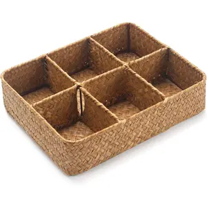 Tea Bag & Sugar Packet Holder, Coffee Station Condiment Organizer, Seagrass Wicker Rattan Divided Storage Basket for Drawer, Shelf and Countertop