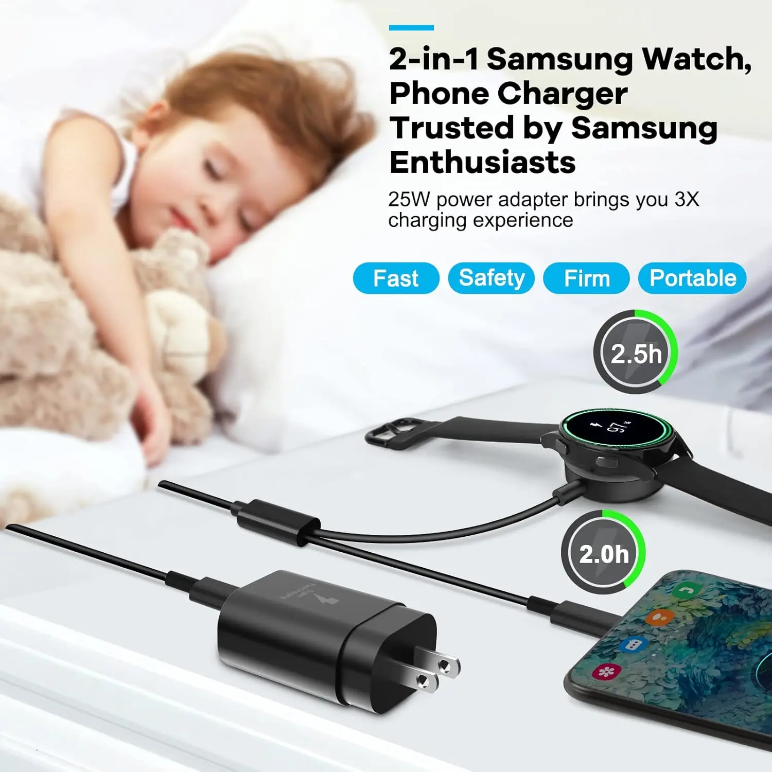 【3-Year Warranty】25W USB C Charger, 2 in 1 Watch Charger Compatible for Samsung Galaxy Watch 7/FE/6/6 Classic/5 Pro/5/4/3/Active2/1 and Galaxy S25/S24/S23/S22/21/20 Note20/10/Z Fold 6(4.9 ft)