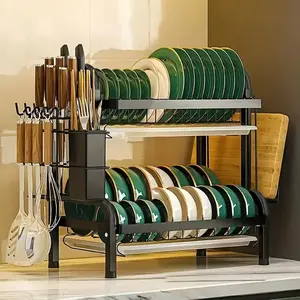 Large Capacity Double Layer Dish Rack, Dish Drying Organiser, Kitchen Storage Rack with Cutlery Holder, Kitchen Utensil Organizer, Kitchen Accessories