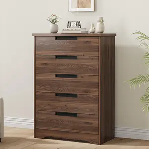 5-Drawer Vertical Dresser in Walnut Brown – Embedded Handles, Slim Profile, Fits Entryway, Nursery, Living Room
