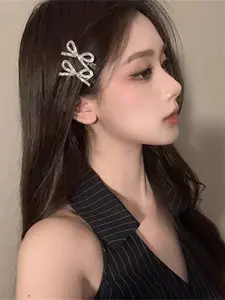 Women's Sweet Sparkling Rhinestone Bow Hair Clips, Barrettes, Side Bangs Clip, Fashion Style Duckbill Clip, Daily Party Hairstyle Accessories