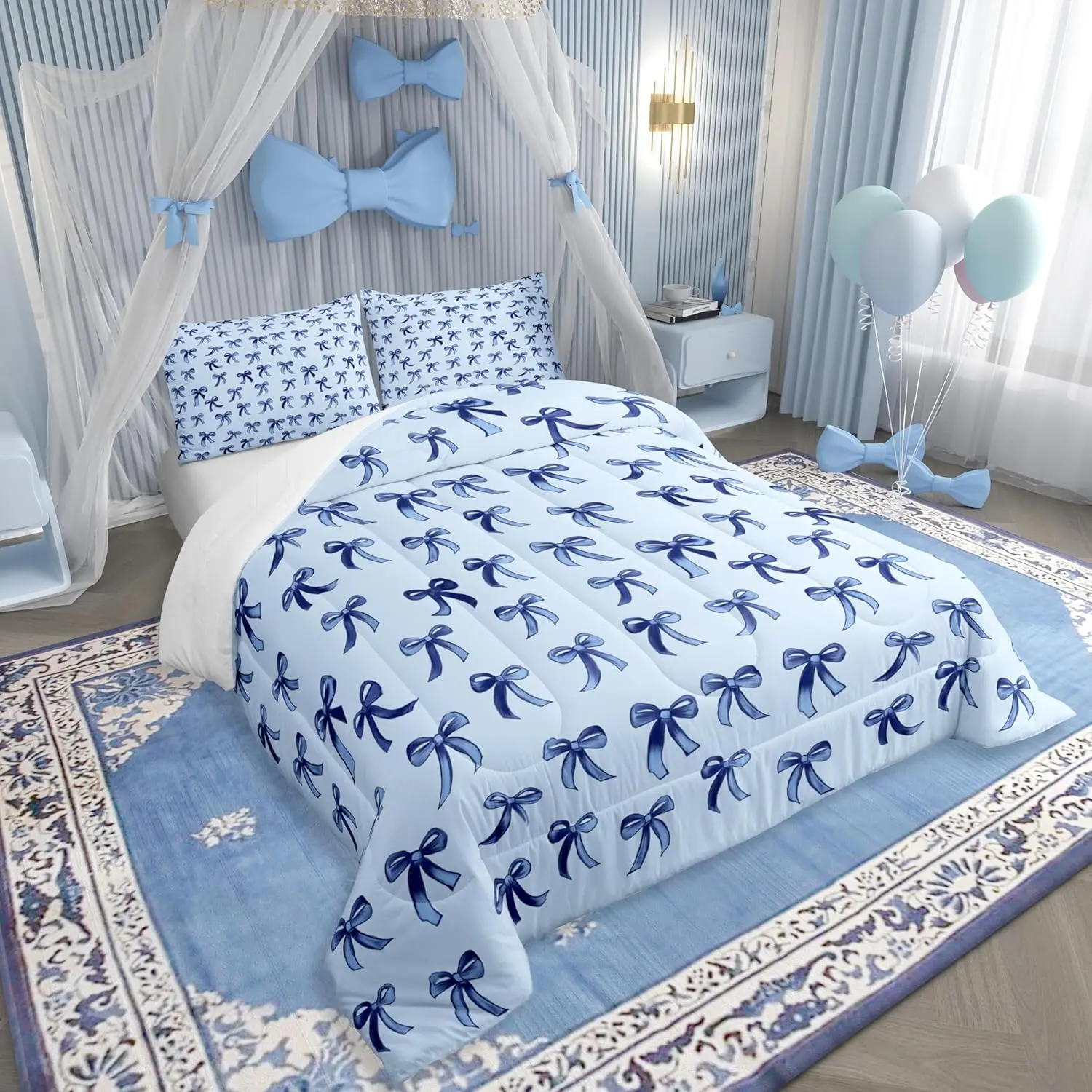 Feelyou Cartoon Bow Kawaii Microfiber Bedding Set - Soft Queen Quilt Bedding Set, Breathable Decorative Bowknot Duvet Insert, Cute Dreamy Printed for Bedroom & Sofa, Blue Ribbon, Decorative Bedding Set, Soft Bedding Sets